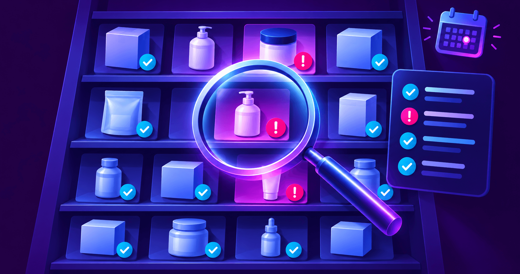 A magnifying glass examining a shelf of products with a calendar icon in the background